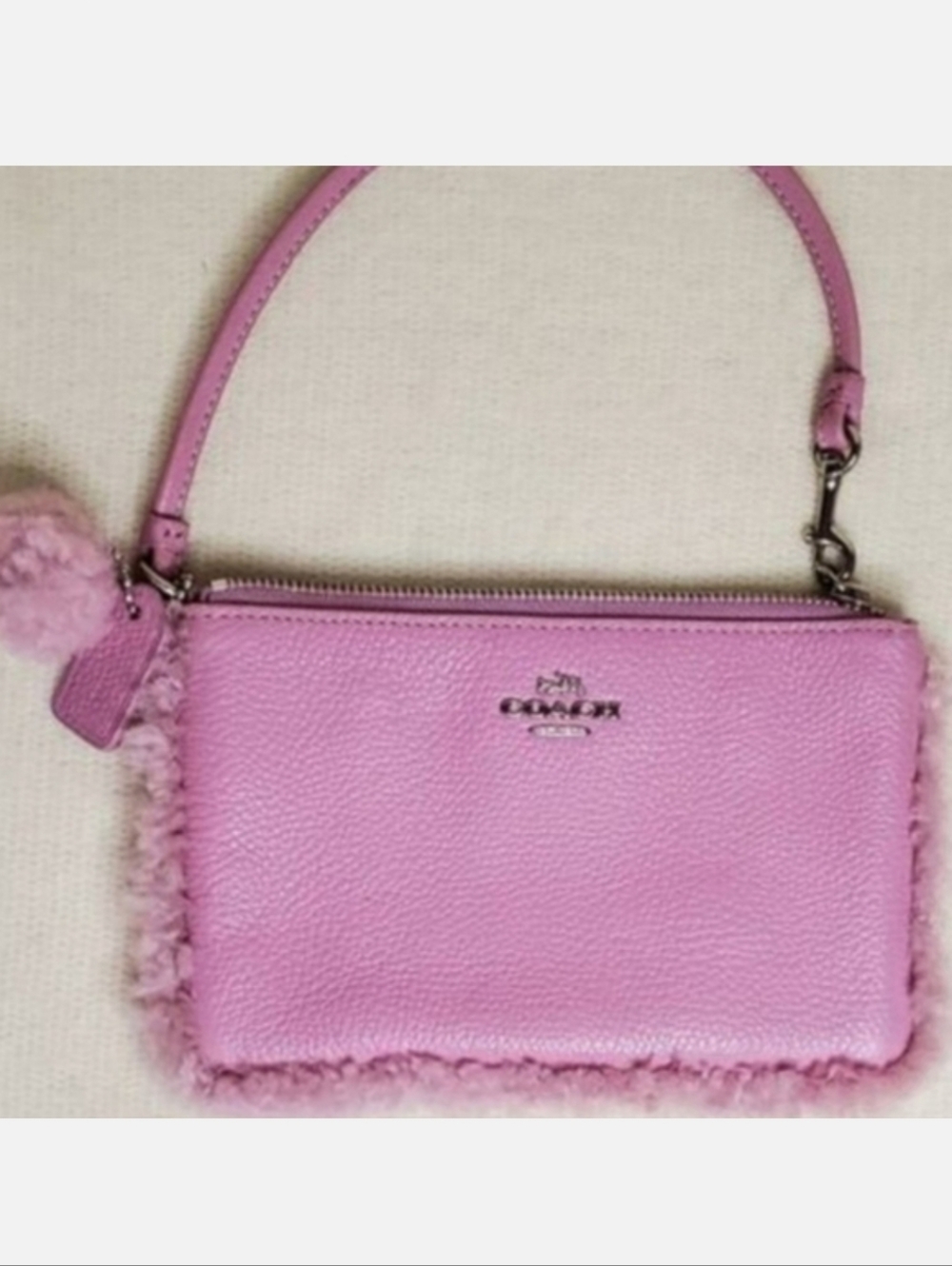 Coach Dollish Pink Genuine Leather Mini Handbag Wrislet Shearling Trim & Pom-Pom - Picture 6 of 6